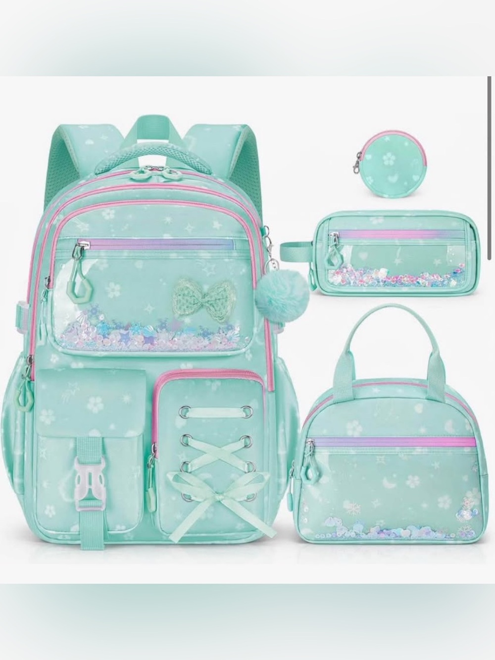 Girls Backpack with Lunch Box Set, 4 PCS School Bookbag